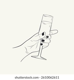 Hand holding a champagne glass. Hand-drawn monochrome ink illustration. Vector.
