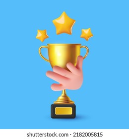 Hand holding champion cup with graduation cap. Win design with stars