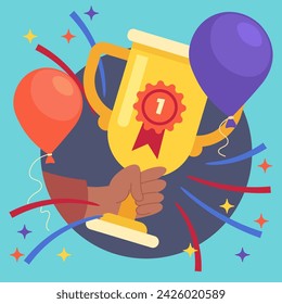 Hand holding champion cup vector illustration with balloons and confetti on background. Victory banner design. Competition, championship, top prize, sport concept