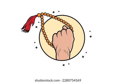 Hand Holding Chaplet of Beads and Ramadan Kareem calligraphy vector background illustration. Islamic holiday icon concept. Ramadan Kareem lantern lamp in background icon design.