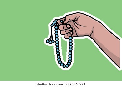 Hand Holding Chaplet of Beads Sticker vector illustration. Islamic holiday icon concept. Human hand of young man holding chaplet sticker vector design.