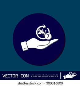 hand holding a character 24 7 sign.