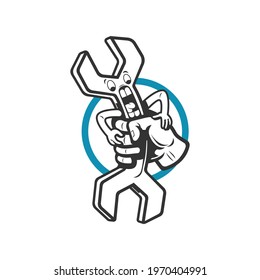 hand holding a character of wrench screaming vector illustration 