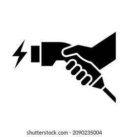 Hand holding charger connector icon, Electric car charging plug sign, Vector illustration