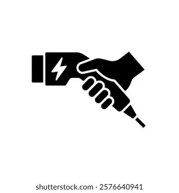 Hand holding charger electric car icon. Electric car with plug icon symbol, EV car, Green hybrid vehicles charging point logotype, Eco friendly vehicle concept. Vector illustration