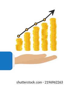 Hand holding chart of coin stacks on white background. Vector illustration