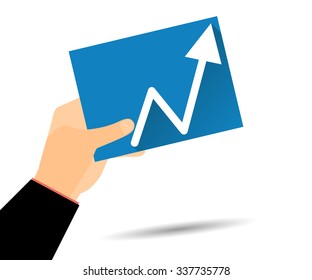 The hand holding the chart trend upward. Up arrow on a blue background.