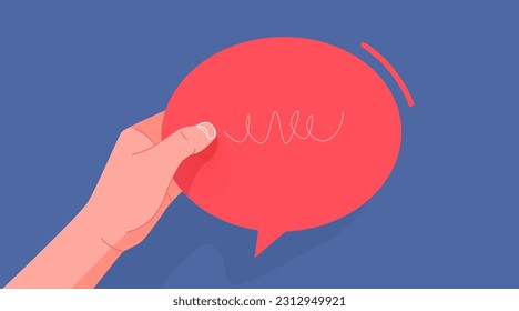 Hand holding a chat bubble. Communication concept. Outline cartoon style. Vector illustration
