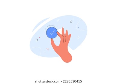 Hand holding Check mark button. Tick and hand sign. Done. Success concept Banner. Vector Business illustration.