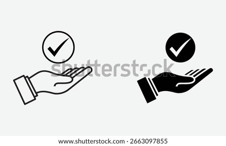 Hand Holding Check Mark Icon in Line and Silhouette Vector on White Background