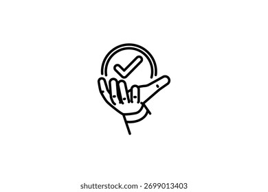 Mano que sostiene la Ilustración vectorial del icono de la línea de la marca de verificación aislada en el fondo blanco