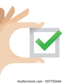 Hand holding checkbox with green "Yes" checkmark