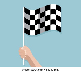 hand holding checkered race finish flag vector illustration