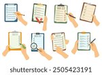 Hand holding checklist on clipboard. Task inspection or requirements lists with tick mark in checkbox. Check marks on agenda list, tasks marked done and survey or testing papers cartoon vector set.