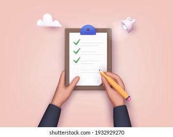 Hand holding checklist on a clipboard paper. Successful completion of business tasks. 3D Web Vector Illustrations.