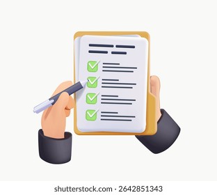 Hand holding checklist on clipboard 3D render vector illustration. Task inspection or requirements lists with tick mark in checkbox. Check marks on agenda list, tasks marked done and survey or testing