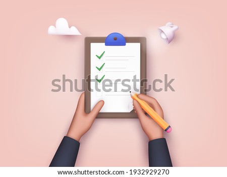 Hand holding checklist on a clipboard paper. Successful completion of business tasks. 3D Web Vector Illustrations.