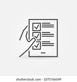 Hand holding checklist outline vector minimal concept icon or design element