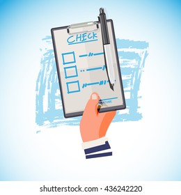 Hand holding checklist and pen- vector illustration