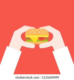 hand holding cheese burger, fast food concept flat design