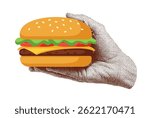 hand holding a cheeseburger, burger illustration, retro halftone fast food poster design