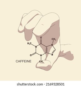 Hand holding chemical molecular formula of caffeine.