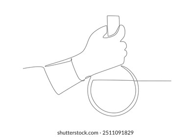 Hand holding chemical solution in reaction flask. Lab experiment concept one-line drawing