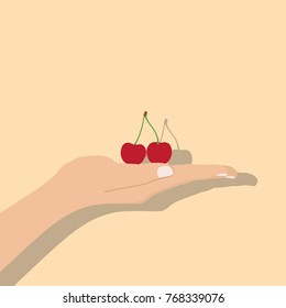 Hand holding cherries, vector illustration design. Hands collection.