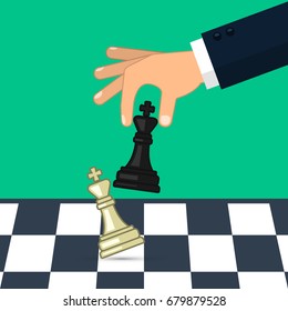 Hand holding chess figure black king. Business strategy. Concept planning and management. Vector illustration.