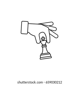 Hand holding chess figure outline icon. Vector business strategy concept in flat style.