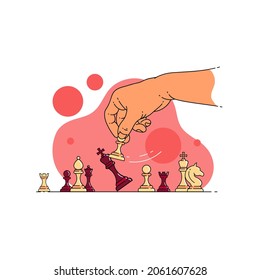Hand holding chess pawn figure and shifts down the king. Chess game concept illustration. Vector graphics on isolated white background.