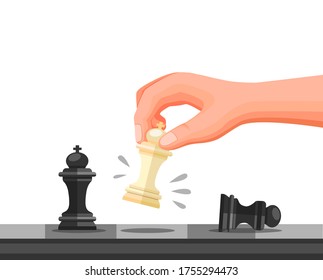 Hand Holding Chess Piece, Chess Strategy Game Checkmate Symbol. Concept In Cartoon Illustration Vector Isolated In White Background