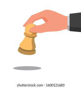 hand holding chess piece, wooden chess pawn, cartoon illustration vector