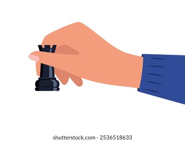 Hand holding chessman piece rook. Playing chess. Chess game tournament, thinking intelligence competition. Vector illustration