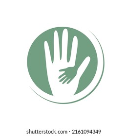 Hand holding hand of child, hope logo and symbol company. Kids care logo unity vector icon illustration design.