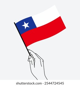 Mão segurando a bandeira do Chile em estilo de desenho de arte em linha. Chile mão Bandeira acenando. Ilustração vetorial