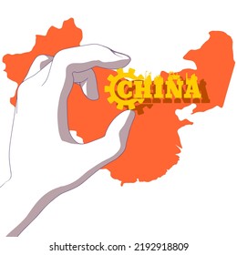Hand holding China country name with gear icon. Red map of China