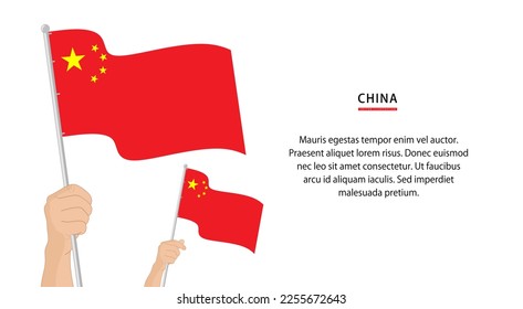 Hand holding China flag. Illustration in flat style. Waving flag of China isolated. vector illustration