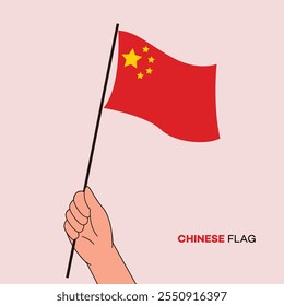 Hand holding China flag in line art drawing style. China hand Flag waving. Vector illustration