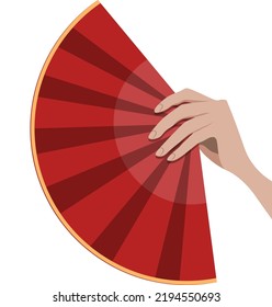 Hand holding a chinese fan. Elegant female hand. Red fan vector illustration. Woman hands with long fingers isolated on white background. 