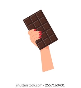 Hand holding chocolate bar icon. Cocoa organic product. Vector illustration isolated on white background