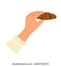 Hand holding chocolate brownie cookie. Sweet dessert for breakfast or snack. Design elements for banner, poster, menu design, print Food themed vector illustration isolated