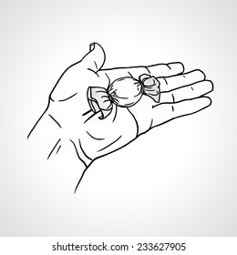 Hand Holding Chocolate Candy. Open Hand Offers A Wrapped Candy, Hand Drawn Vector Hand