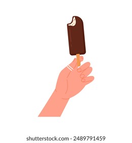 Hand holding chocolate popsicle on stick to bite and enjoy ice cream vector illustration