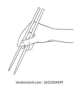 Mão segurando chopstick desenho de linha contínua, ilustração Vetor. isolado no fundo branco.
