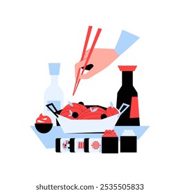 Mano Que Sostiene Los Palillos Sobre La Bandeja Del Sushi Y Las Botellas De La Salsa En La Ilustración vectorial Plana Que Simboliza La Cocina Japonesa, La Preparación De La Comida, Y La Cultura De La Comida, Aislados En El Fondo Blanco