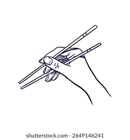 Hand holding chopsticks. Asian culture traditions. Hand drawn vector illustration. Line art. For Chinese, Japanese restaurant menu design, banners, posters, booklets.