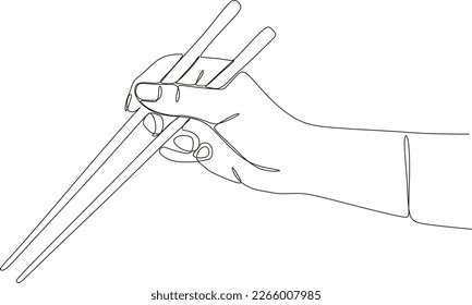  Hand holding chopsticks. Asian traditional cutlery. One continuous line drawing. Line Art isolated white background.vector illustration