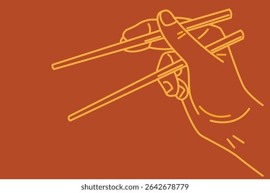 hand holding chopsticks, brown background, cutlery vector, logo, symbol, icon, emote, outline, simple design, asian restaurant illustration