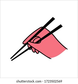 Hand holding chopsticks. Doodle Asian cutlery. Vector illustration isolated on a white background.